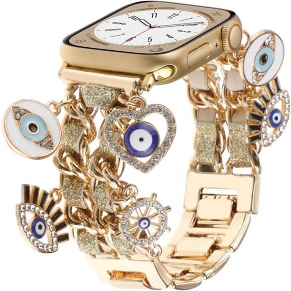 NEW Gold Apple Watch Band w/Evil Eye Charms - Picture 1 of 6